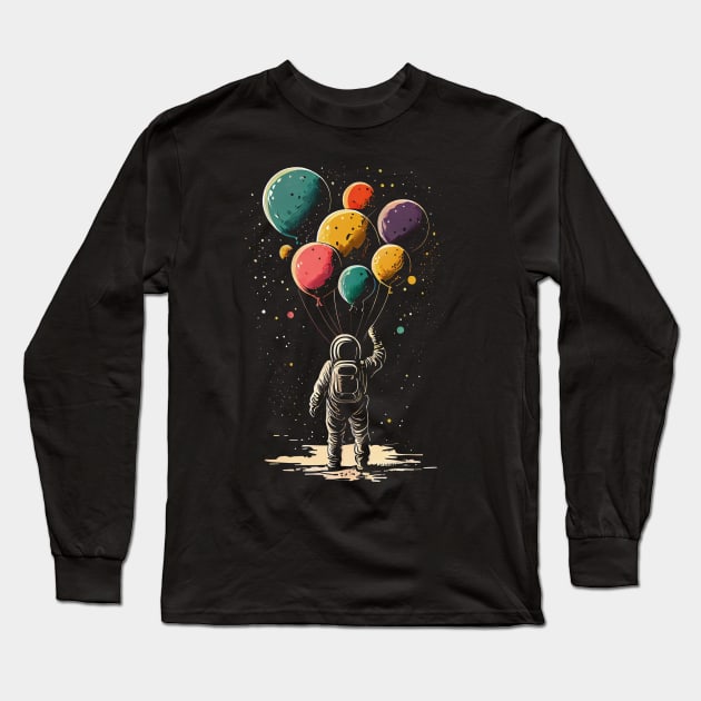 Astronaut Holding Planet Balloons Astrology Astronaut Suit Mars Space Travel Saturn Earth Stars Universe Astronomy Outer Space Neptune Balloons Venus Long Sleeve T-Shirt by Evergreen Daily